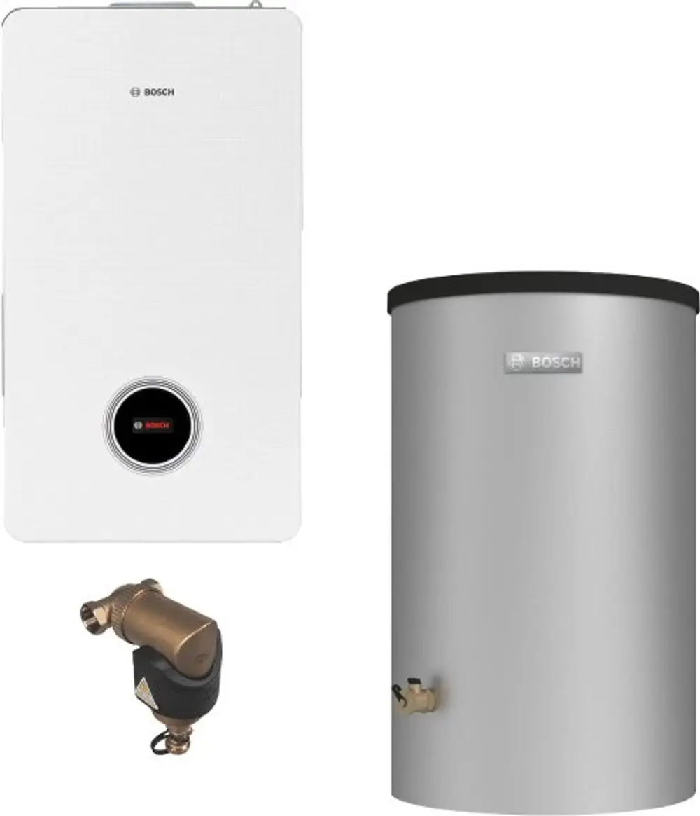 Bosch Heizsystem bestehend aus einem weißen Wandgerät, einem silbernen Wärmespeicher und einem Ventil. Das Gerät ist für die zentrale Warmwasserversorgung konzipiert.